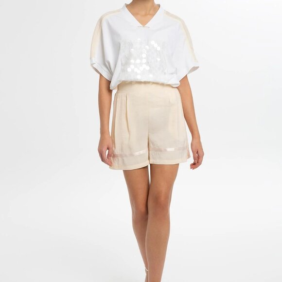 Satin Shorts With Elastic Back And Embroidered Piping Details in Ecru - Picture 4 of 5